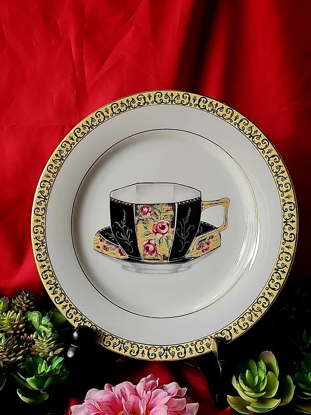 Decorative Dinner Plate with Black & Gold Teacup Motif